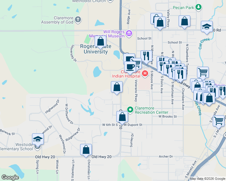 map of restaurants, bars, coffee shops, grocery stores, and more near 1906 West 4th Street South in Claremore
