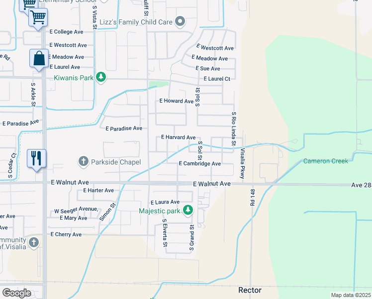 map of restaurants, bars, coffee shops, grocery stores, and more near 1743 Grand Street in Visalia