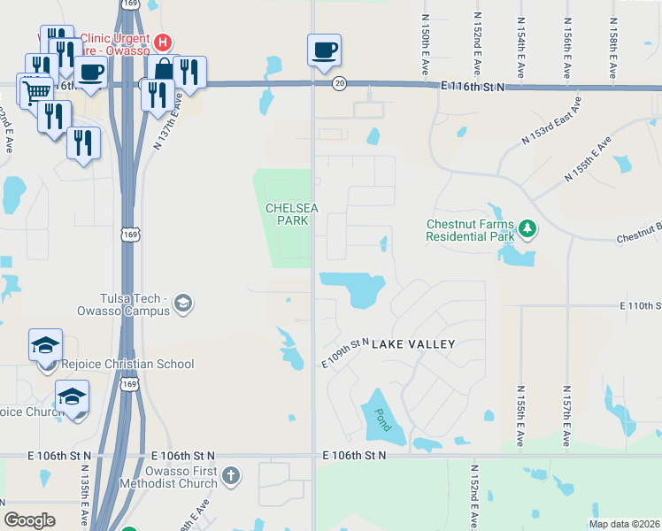 map of restaurants, bars, coffee shops, grocery stores, and more near 14510 East 111th Place North in Owasso