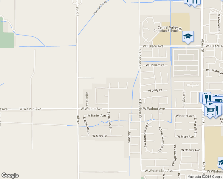 map of restaurants, bars, coffee shops, grocery stores, and more near 6427 West Judy Avenue in Visalia