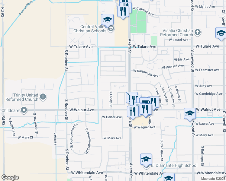 map of restaurants, bars, coffee shops, grocery stores, and more near 1740 S Teddy St in Visalia