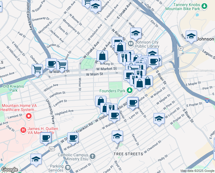 map of restaurants, bars, coffee shops, grocery stores, and more near 204 Whitney Street in Johnson City