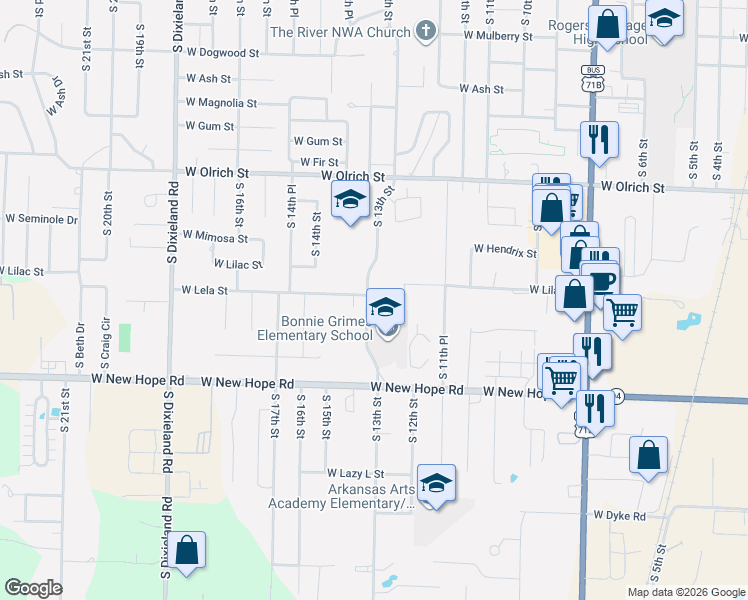 map of restaurants, bars, coffee shops, grocery stores, and more near 1713 South 13th Street in Rogers