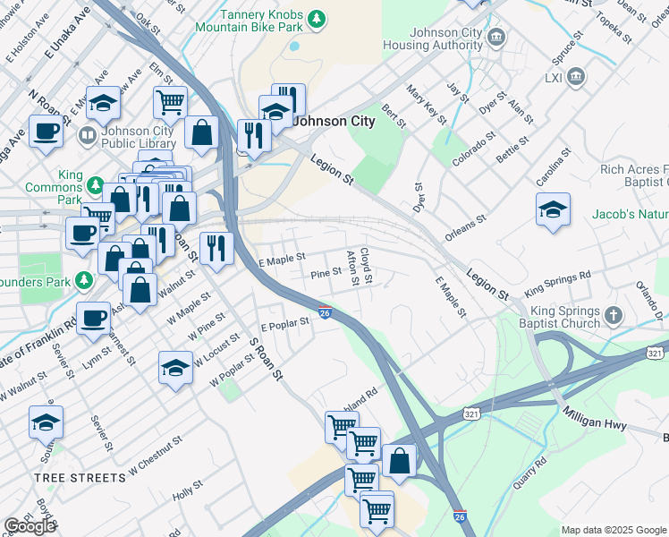 map of restaurants, bars, coffee shops, grocery stores, and more near 909 Henry Street in Johnson City