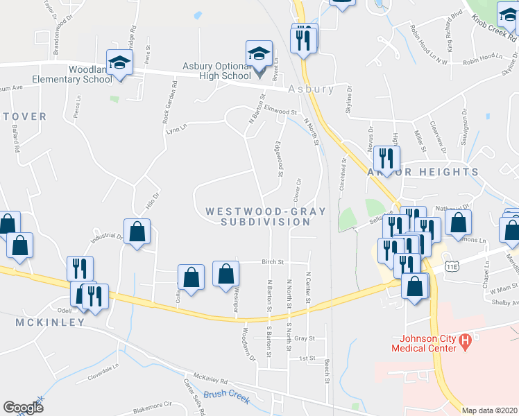 map of restaurants, bars, coffee shops, grocery stores, and more near 1003 North Barton Street in Johnson City