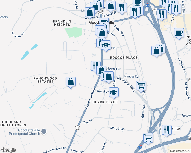 map of restaurants, bars, coffee shops, grocery stores, and more near 603 South Main Street in Goodlettsville