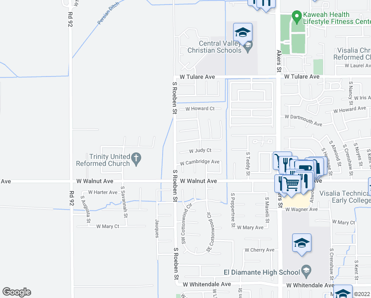 map of restaurants, bars, coffee shops, grocery stores, and more near 6008 West Judy Court in Visalia