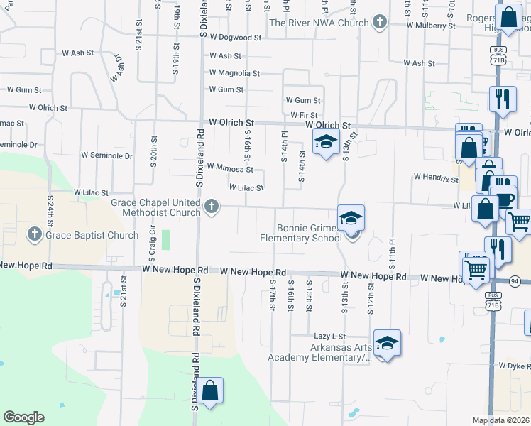 map of restaurants, bars, coffee shops, grocery stores, and more near 1506 West Lela Street in Rogers
