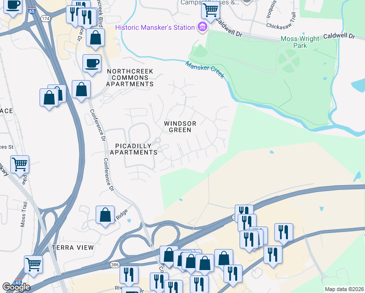 map of restaurants, bars, coffee shops, grocery stores, and more near 134 Cheshire Court in Goodlettsville