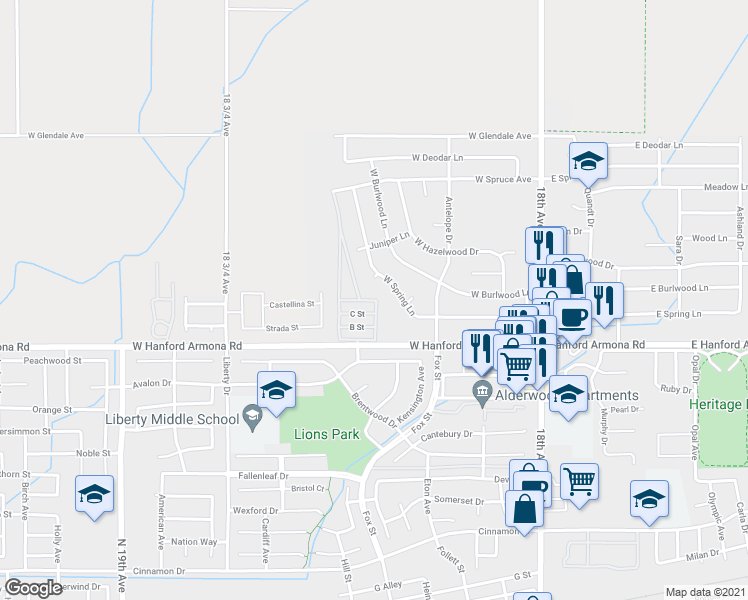 map of restaurants, bars, coffee shops, grocery stores, and more near D Street in Lemoore
