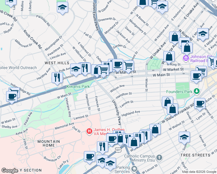 map of restaurants, bars, coffee shops, grocery stores, and more near 709 Lehigh Street in Johnson City