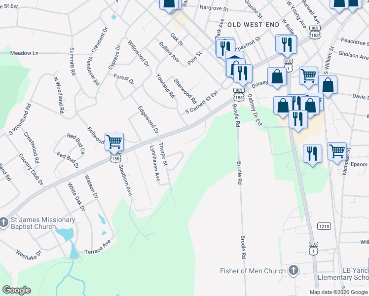 map of restaurants, bars, coffee shops, grocery stores, and more near 109 Lawndale Circle in Henderson