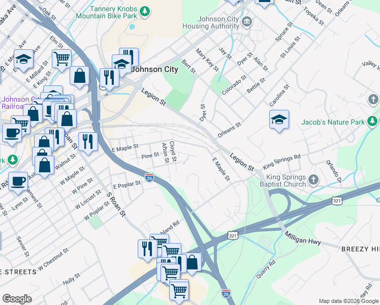 map of restaurants, bars, coffee shops, grocery stores, and more near 623 East Pine Street in Johnson City
