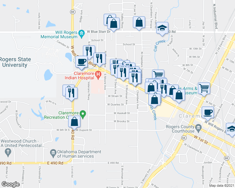 map of restaurants, bars, coffee shops, grocery stores, and more near 222 North Davis Avenue in Claremore