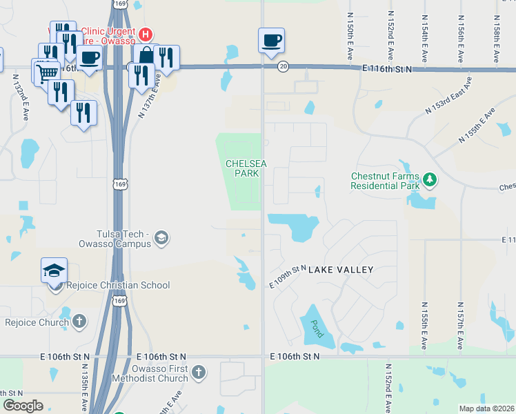 map of restaurants, bars, coffee shops, grocery stores, and more near 14316 East 111th Street North in Owasso