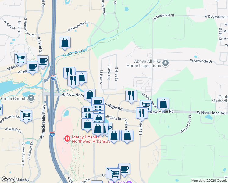 map of restaurants, bars, coffee shops, grocery stores, and more near 4100 South 41st Street in Rogers