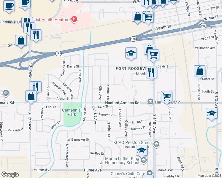 map of restaurants, bars, coffee shops, grocery stores, and more near 857 Kimball Lane in Hanford