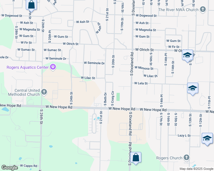 map of restaurants, bars, coffee shops, grocery stores, and more near 1805 South Beth Drive in Rogers