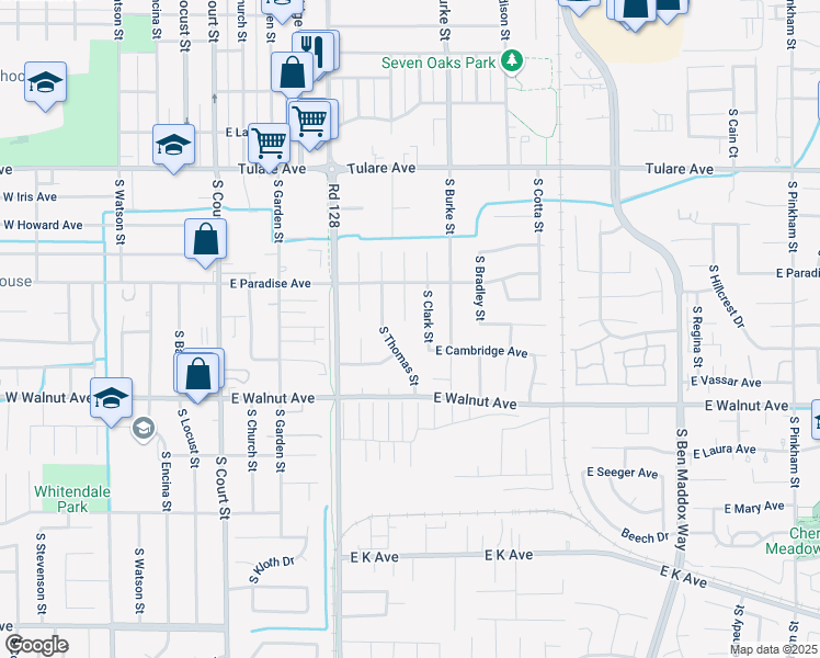 map of restaurants, bars, coffee shops, grocery stores, and more near 1720 South Michael Court in Visalia