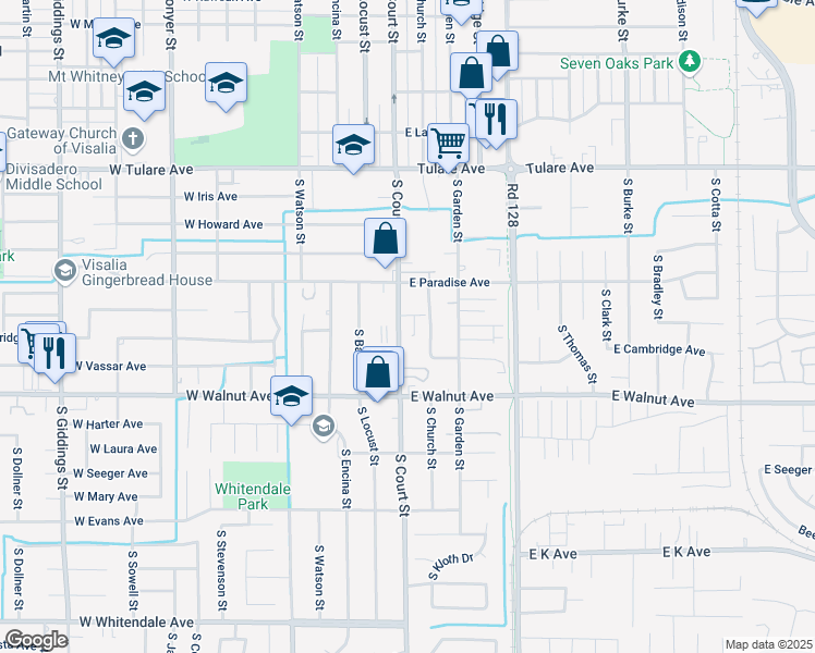 map of restaurants, bars, coffee shops, grocery stores, and more near 1700 South Court Street in Visalia