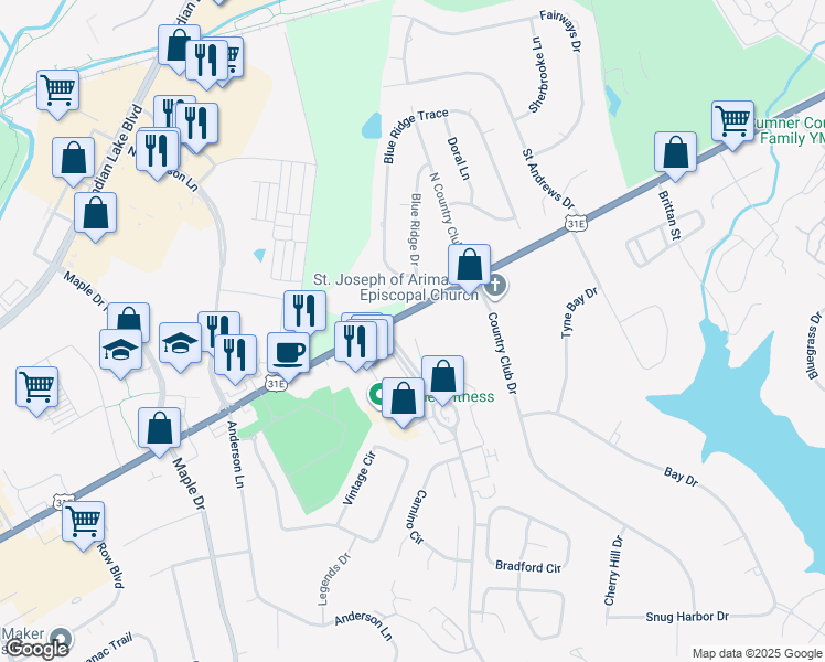 map of restaurants, bars, coffee shops, grocery stores, and more near 104 Windsor Park Lane in Hendersonville