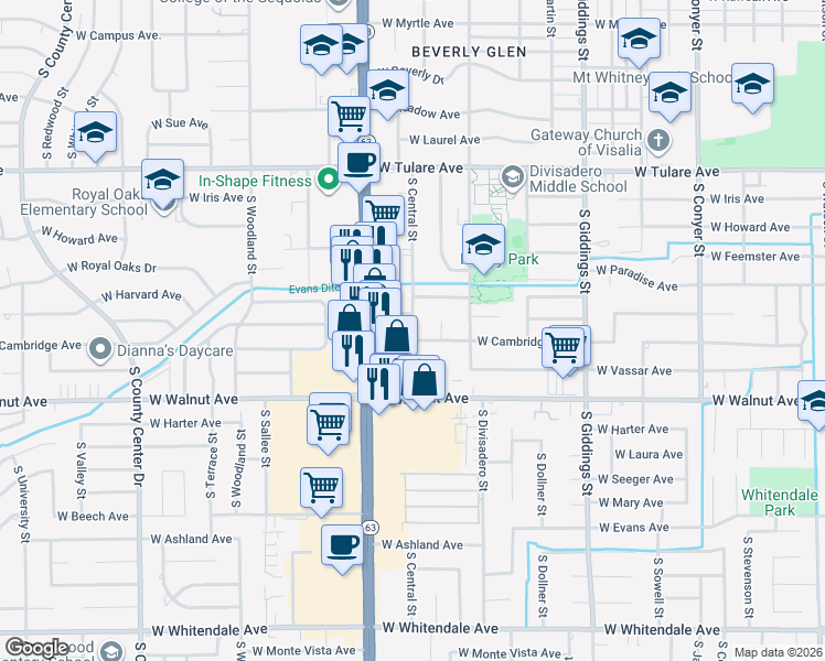 map of restaurants, bars, coffee shops, grocery stores, and more near 1737 South Central Street in Visalia