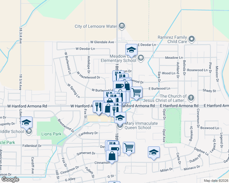 map of restaurants, bars, coffee shops, grocery stores, and more near 17 West Spring Lane in Lemoore
