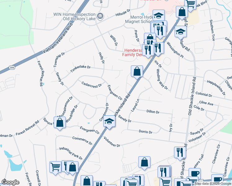 map of restaurants, bars, coffee shops, grocery stores, and more near 243 Evergreen Circle in Hendersonville