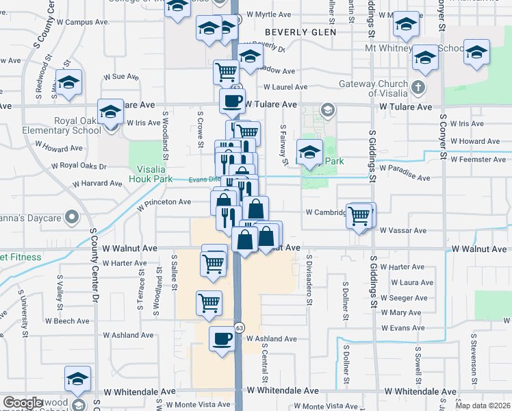 map of restaurants, bars, coffee shops, grocery stores, and more near 1741 South Central Street in Visalia