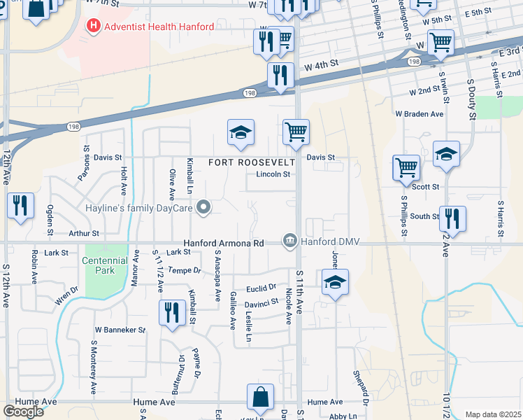 map of restaurants, bars, coffee shops, grocery stores, and more near 918-920 Leslie Lane in Hanford