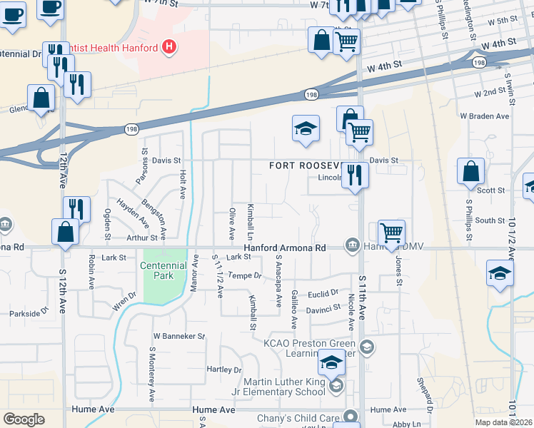 map of restaurants, bars, coffee shops, grocery stores, and more near 857 Kimball Lane in Hanford