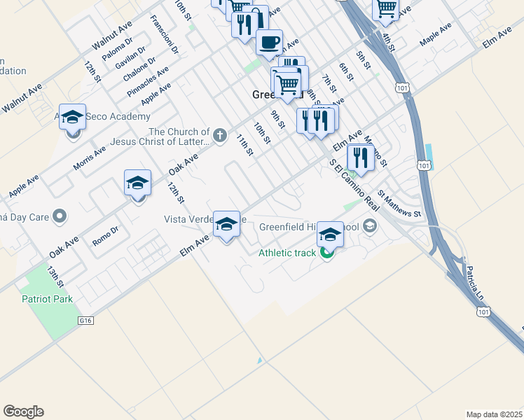 map of restaurants, bars, coffee shops, grocery stores, and more near 1120 Heidi Drive in Greenfield