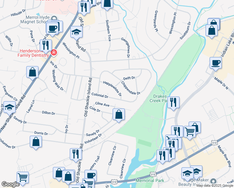 map of restaurants, bars, coffee shops, grocery stores, and more near 123 Hepplewhite Drive in Hendersonville