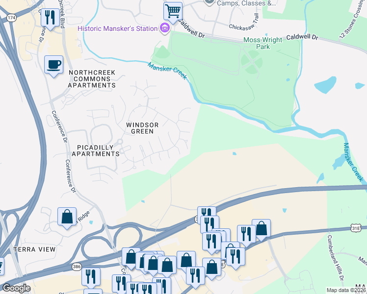 map of restaurants, bars, coffee shops, grocery stores, and more near 117 Welshwood Court in Goodlettsville