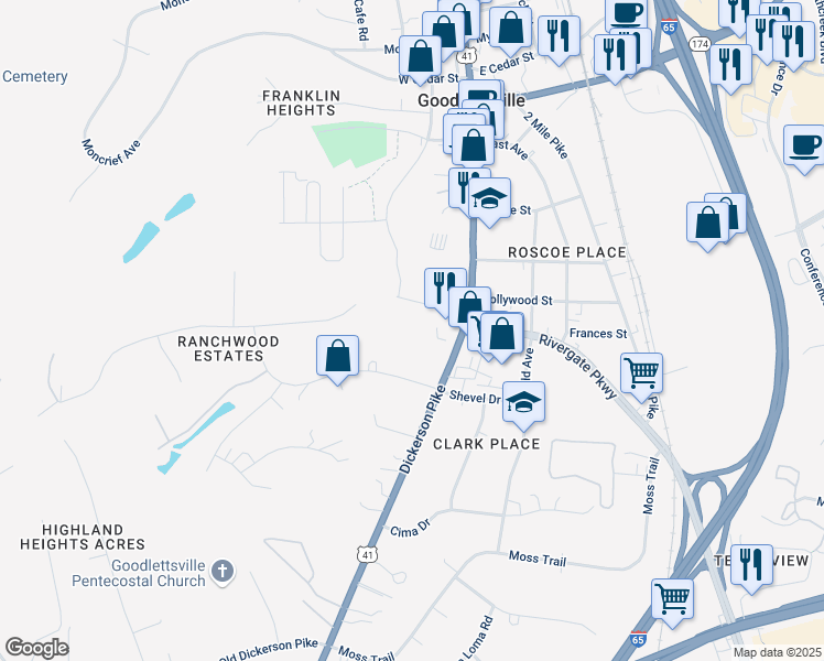 map of restaurants, bars, coffee shops, grocery stores, and more near 603 South Main Street in Goodlettsville