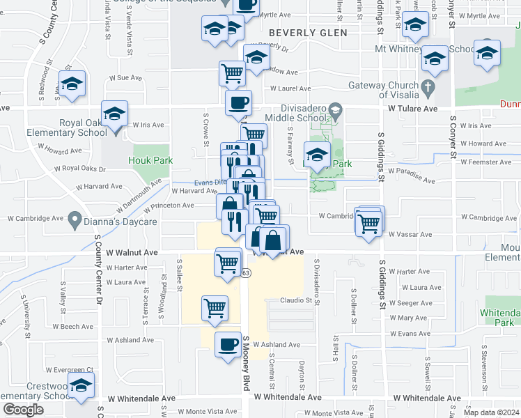 map of restaurants, bars, coffee shops, grocery stores, and more near 1741 South Central Street in Visalia