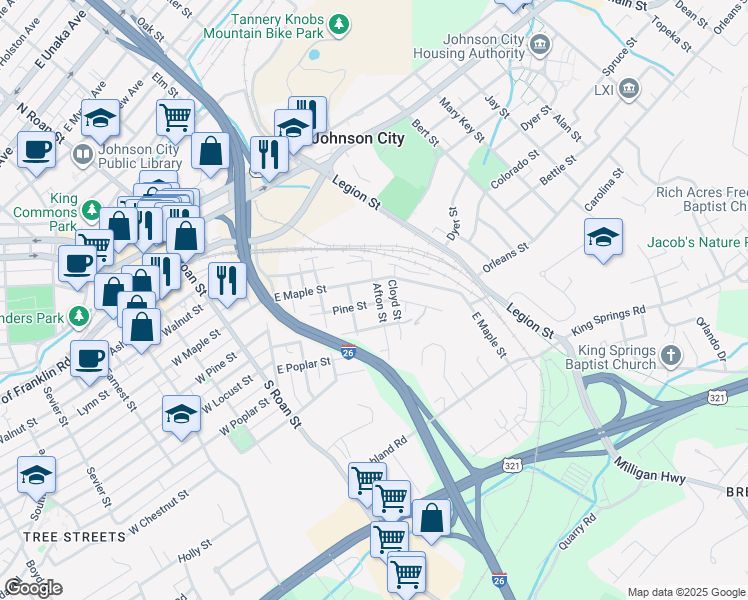 map of restaurants, bars, coffee shops, grocery stores, and more near 909 Henry Street in Johnson City