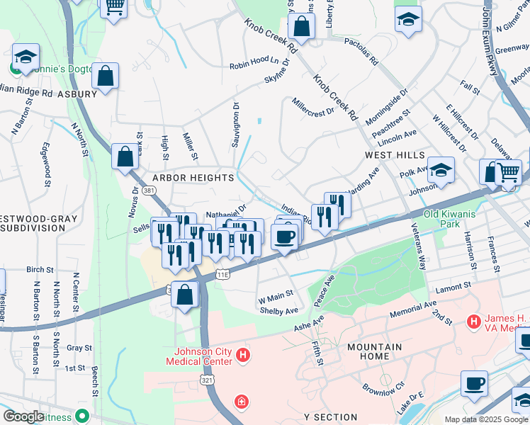 map of restaurants, bars, coffee shops, grocery stores, and more near 115 McCall Circle in Johnson City