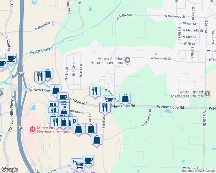 map of restaurants, bars, coffee shops, grocery stores, and more near 3704 West Cherokee Road in Rogers