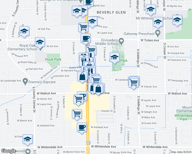 map of restaurants, bars, coffee shops, grocery stores, and more near 1745 South Central Street in Visalia