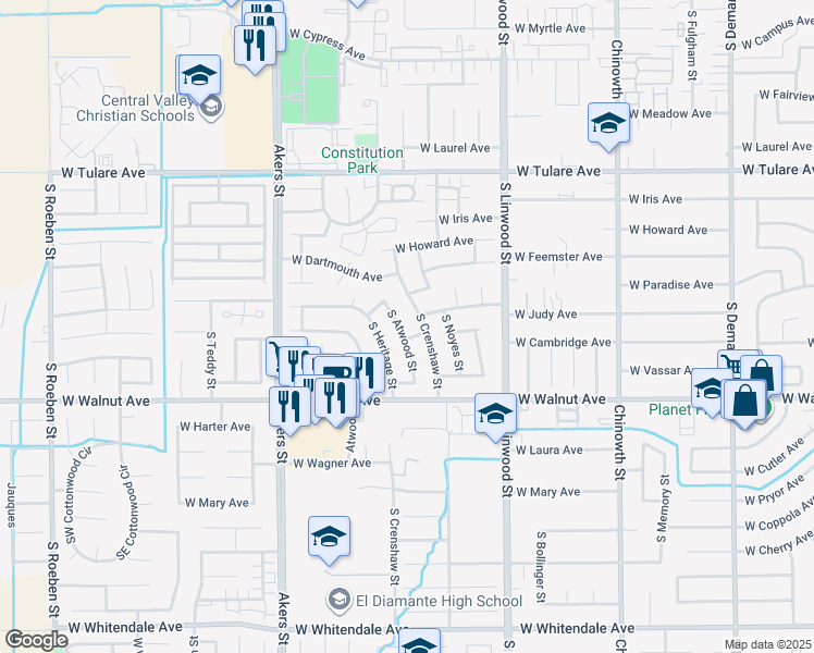 map of restaurants, bars, coffee shops, grocery stores, and more near 1740 South Atwood Street in Visalia