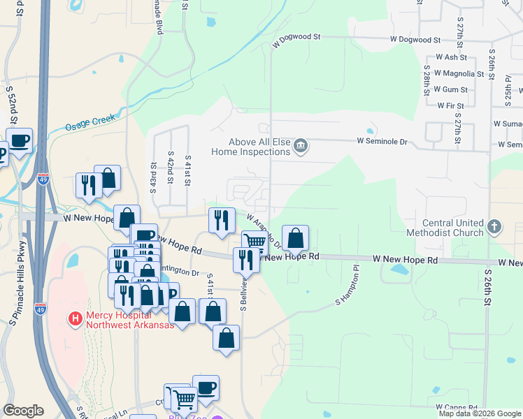 map of restaurants, bars, coffee shops, grocery stores, and more near 3704 West Cherokee Road in Rogers