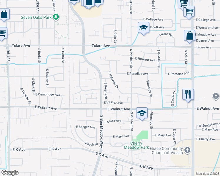 map of restaurants, bars, coffee shops, grocery stores, and more near 1632 South Regina Street in Visalia