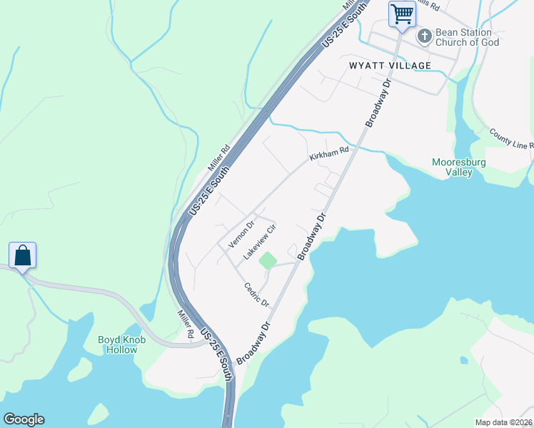 map of restaurants, bars, coffee shops, grocery stores, and more near 270 Lakeview Circle in Bean Station