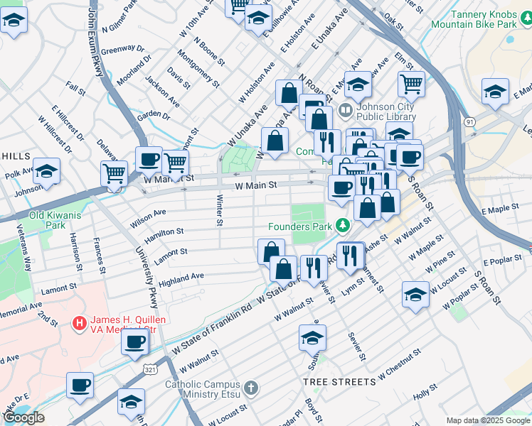 map of restaurants, bars, coffee shops, grocery stores, and more near 217 Wilson Avenue in Johnson City