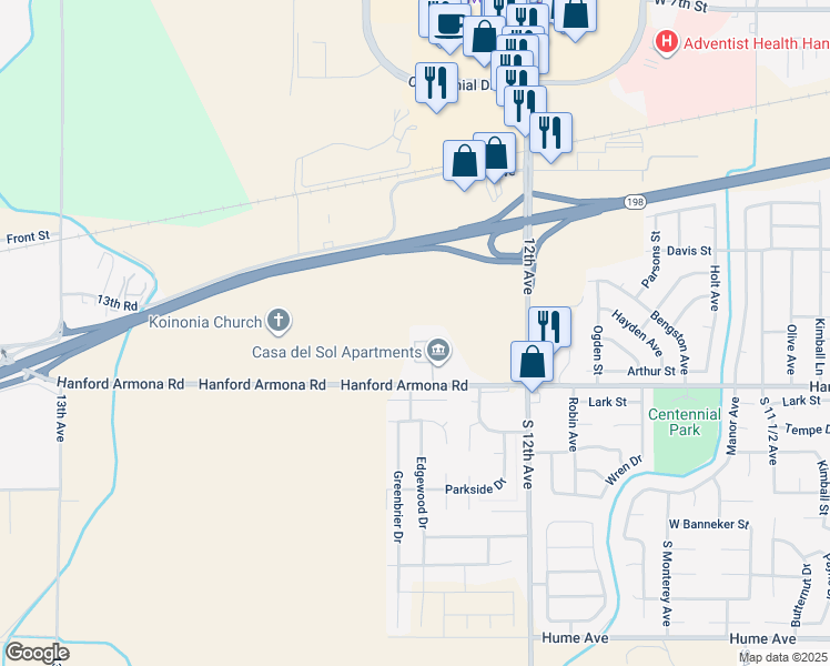 map of restaurants, bars, coffee shops, grocery stores, and more near 12208 Hanford Armona Road in Hanford