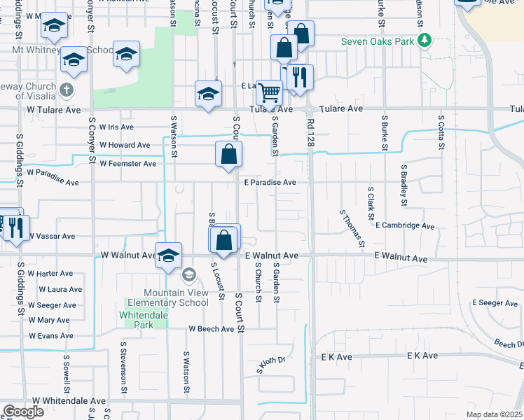 map of restaurants, bars, coffee shops, grocery stores, and more near 1728 South Church Street in Visalia