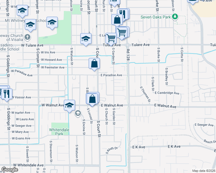 map of restaurants, bars, coffee shops, grocery stores, and more near 1728 South Church Street in Visalia