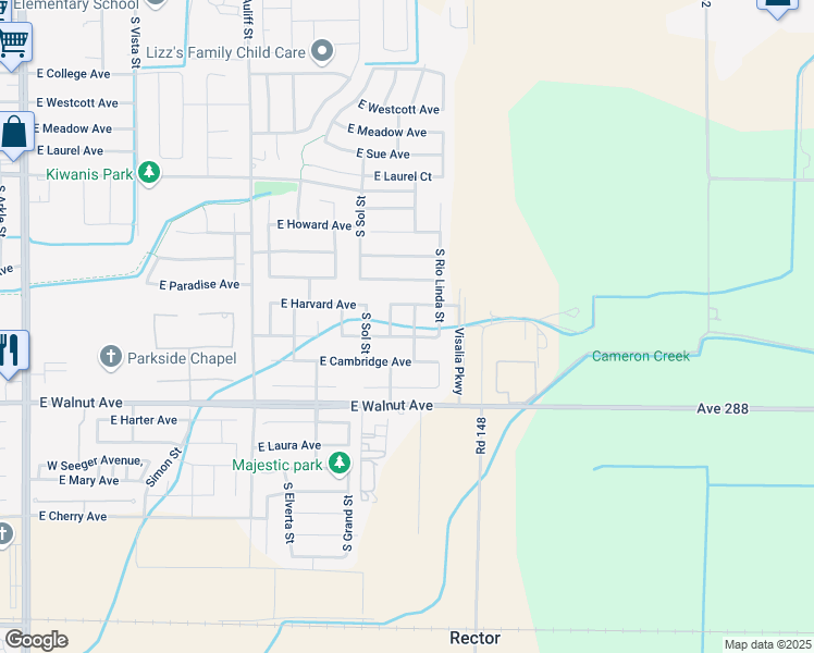 map of restaurants, bars, coffee shops, grocery stores, and more near 1753 South Arroyo Street in Visalia