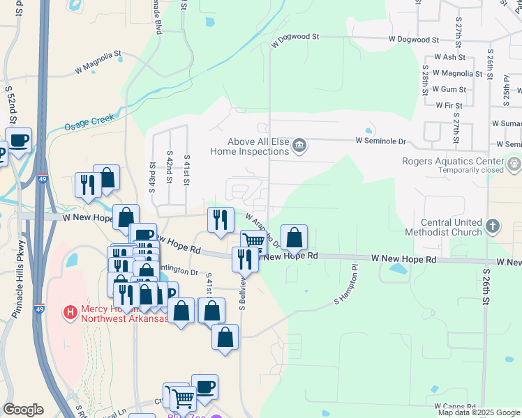 map of restaurants, bars, coffee shops, grocery stores, and more near 3704 West Cherokee Road in Rogers